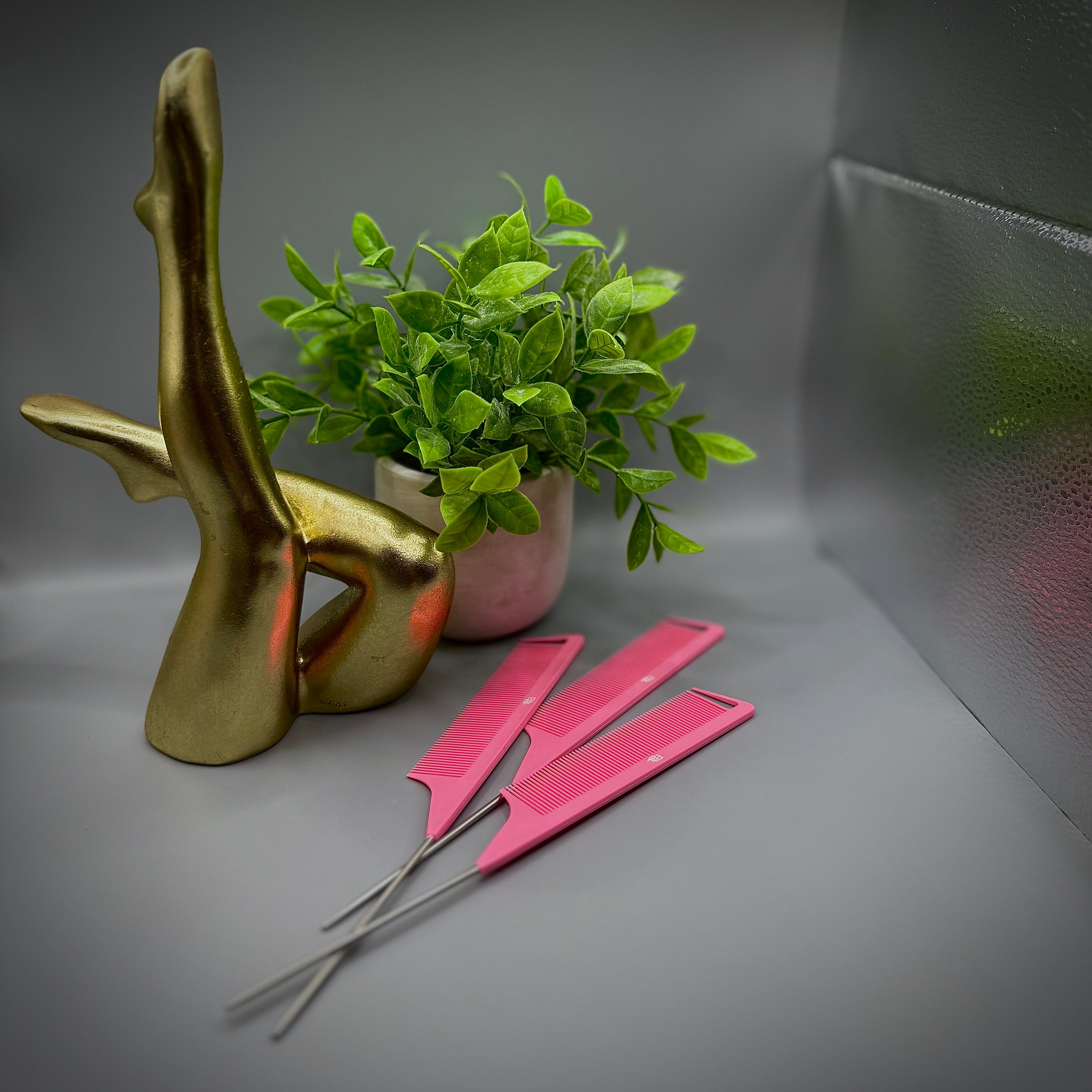 Pink tweezer and tail comb set by EBL Hair for lace wig prep and hairline customization