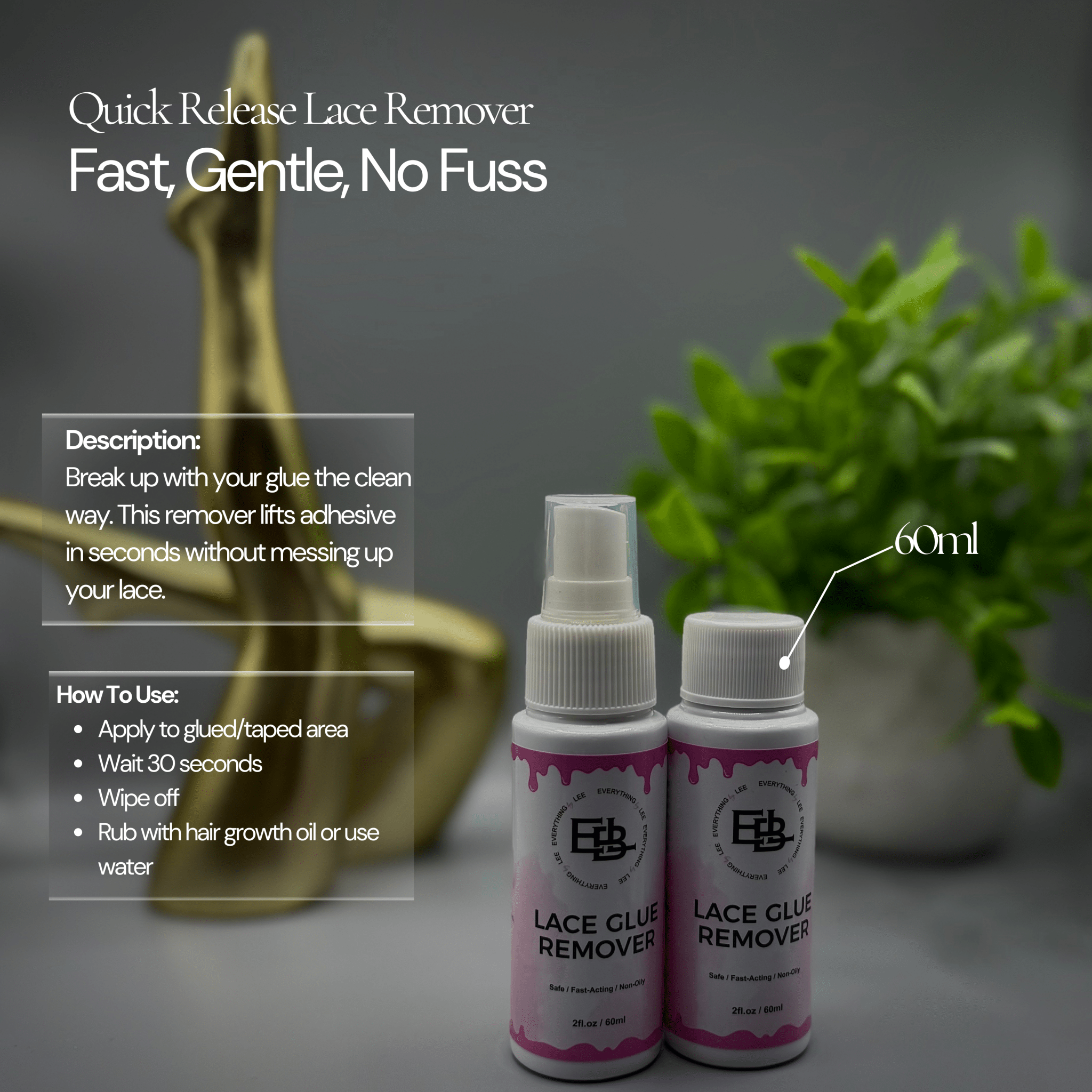 Bottle of Quick Release lace remover by EBL Hair for safe glue removal