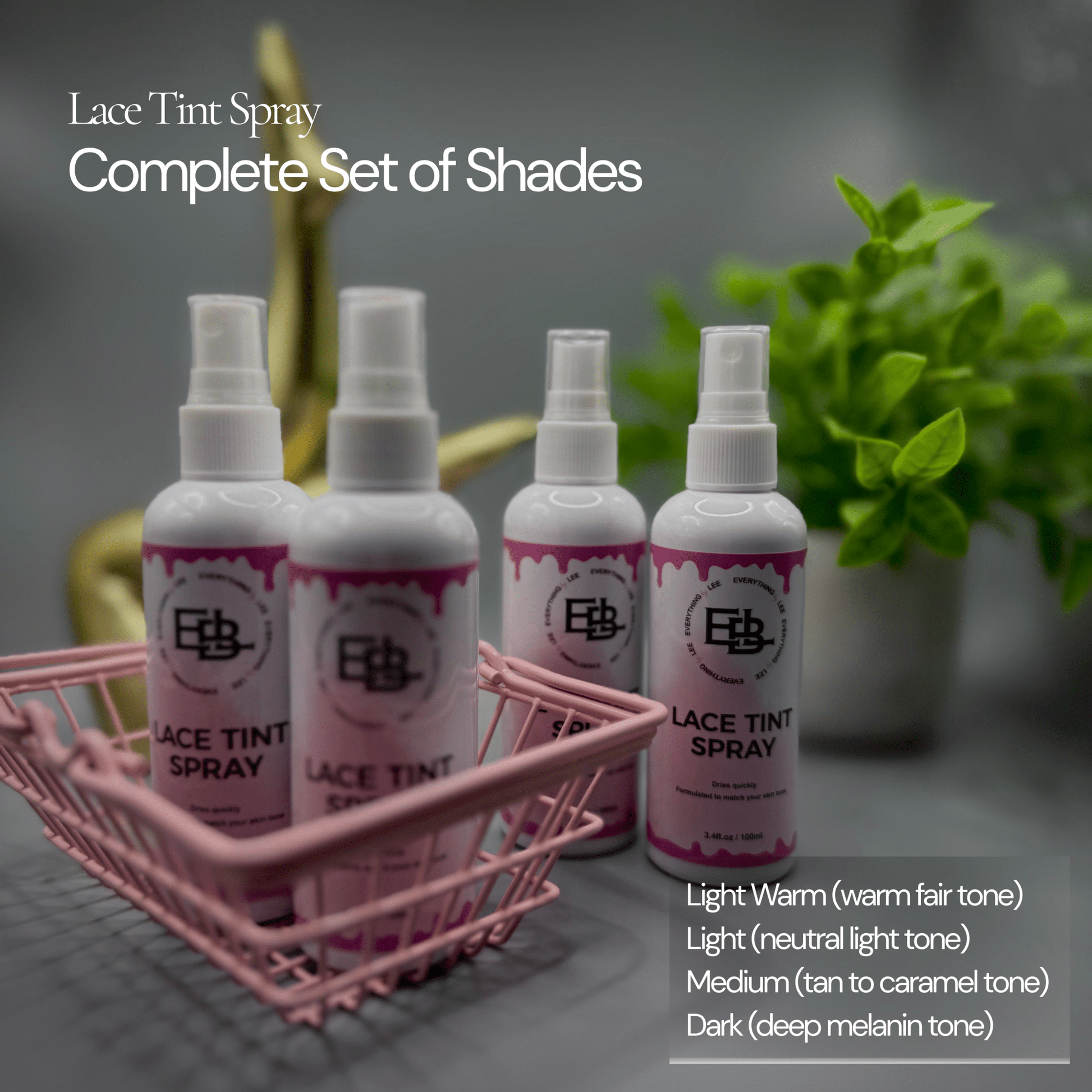 Bottle of Lace Tint Spray in four skin tone shades