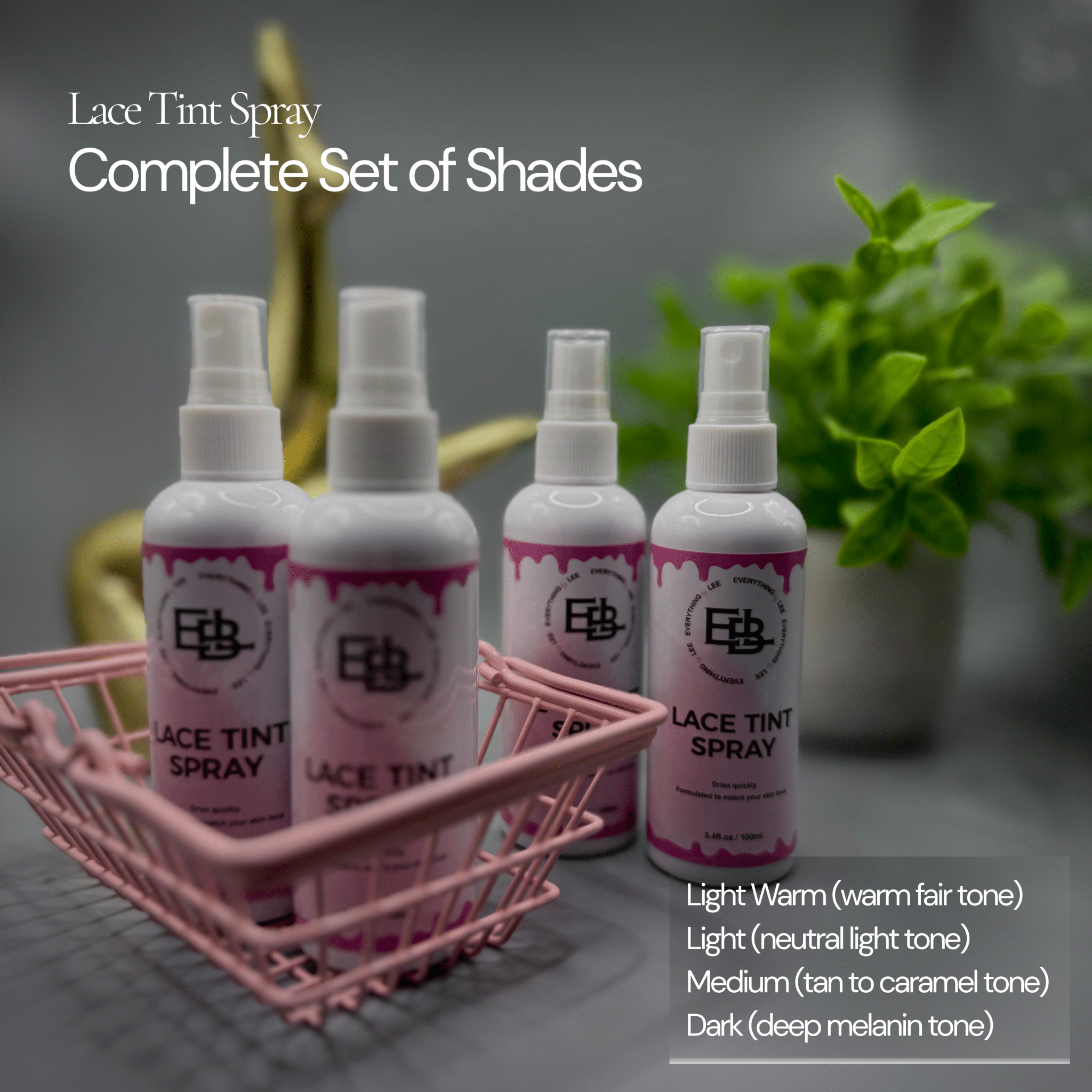 Bottle of Lace Tint Spray in four skin tone shades