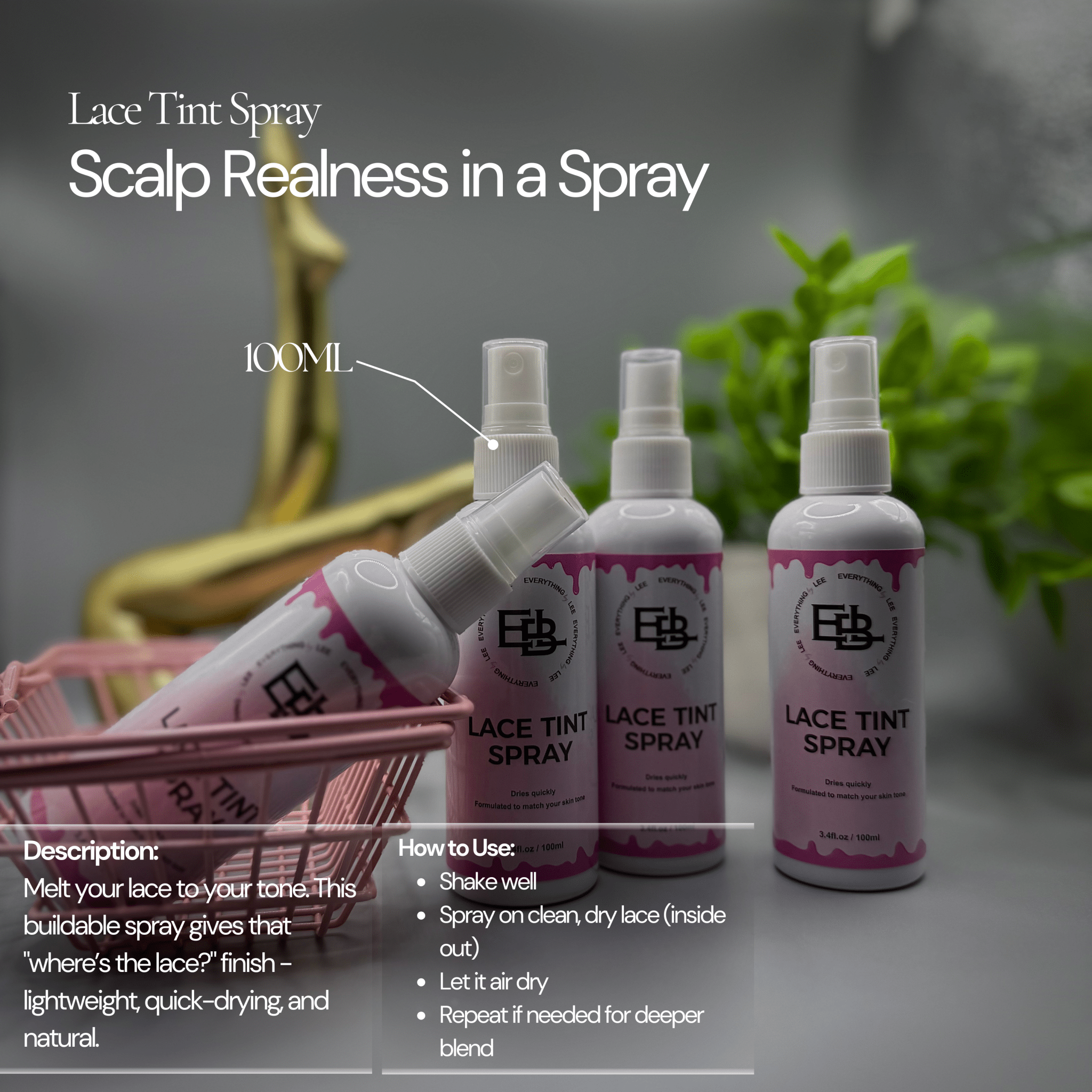 Bottle of Lace Tint Spray in four skin tone shades