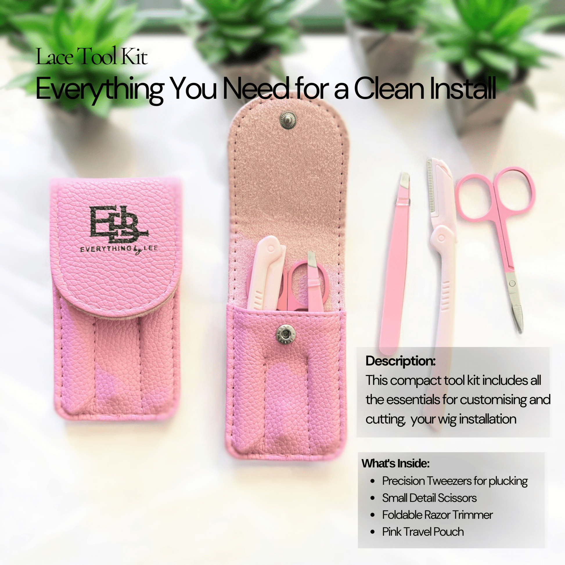 Pink tweezer and tail comb set by EBL Hair for lace wig prep and hairline customization