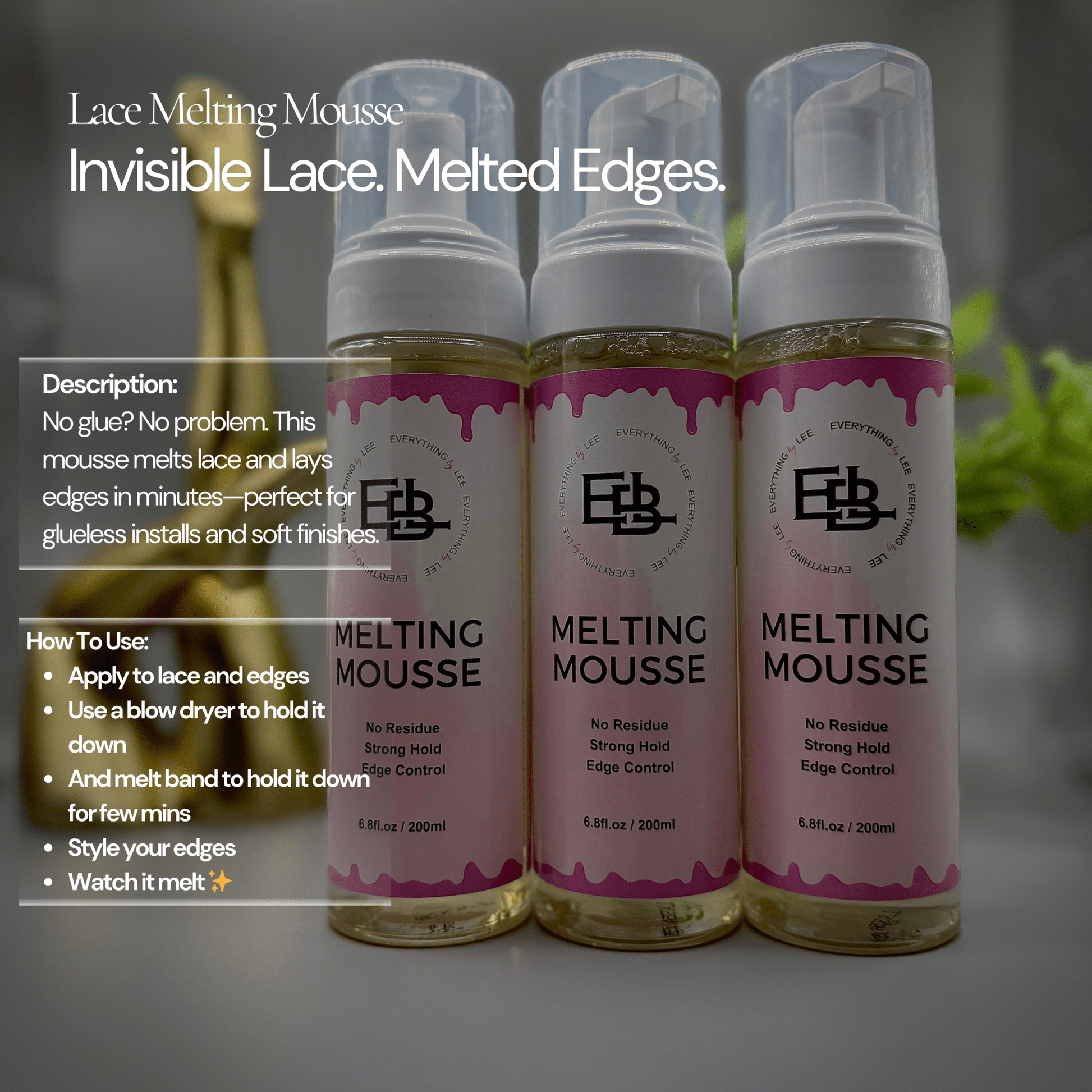 Bottle of lace melting mousse by EBL Hair for glueless wig installs and edge control