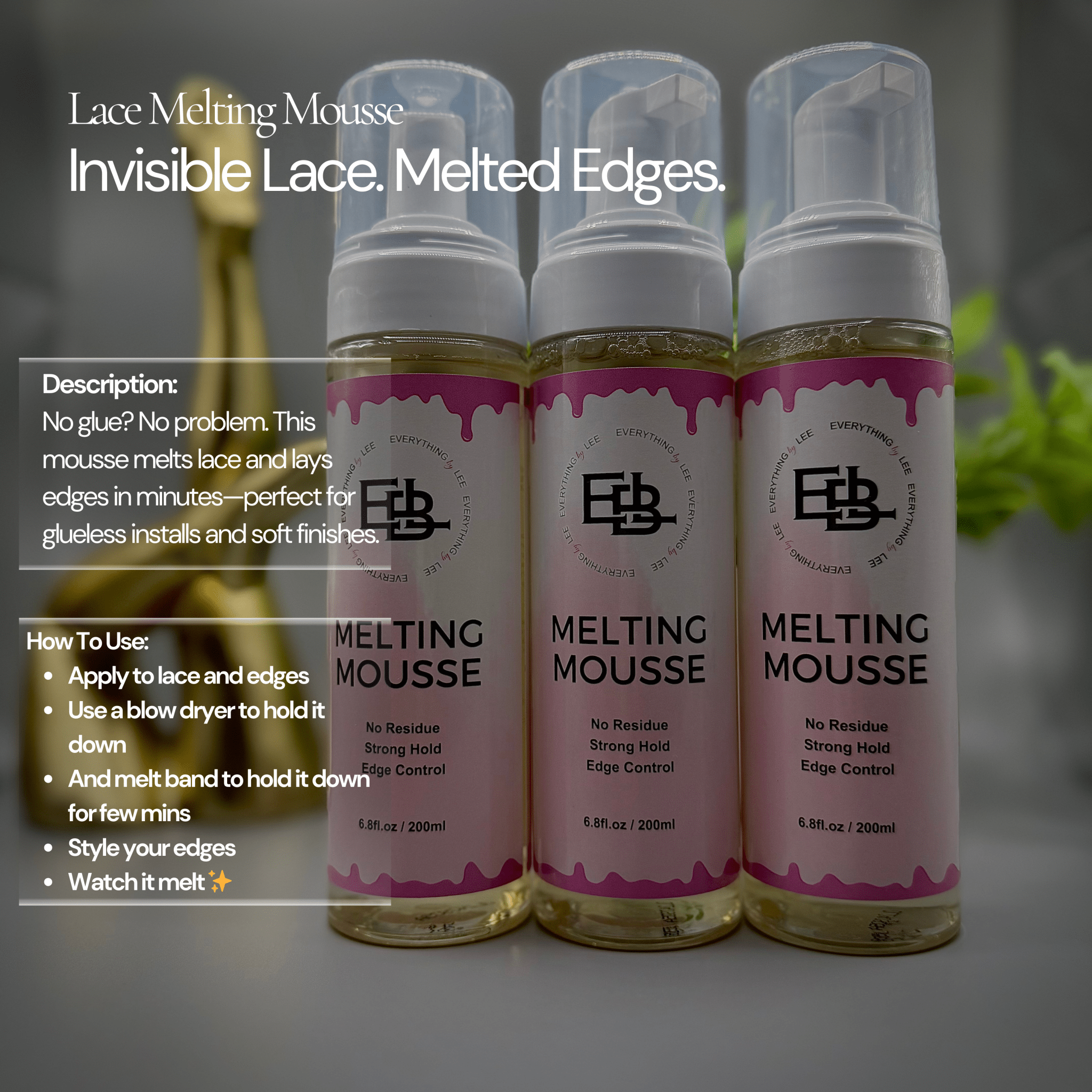 Bottle of lace melting mousse by EBL Hair for glueless wig installs and edge control