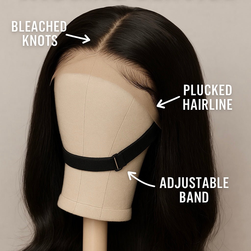 Mannequin head with a wig labeled for bleached knots, plucked hairline, and adjustable band.