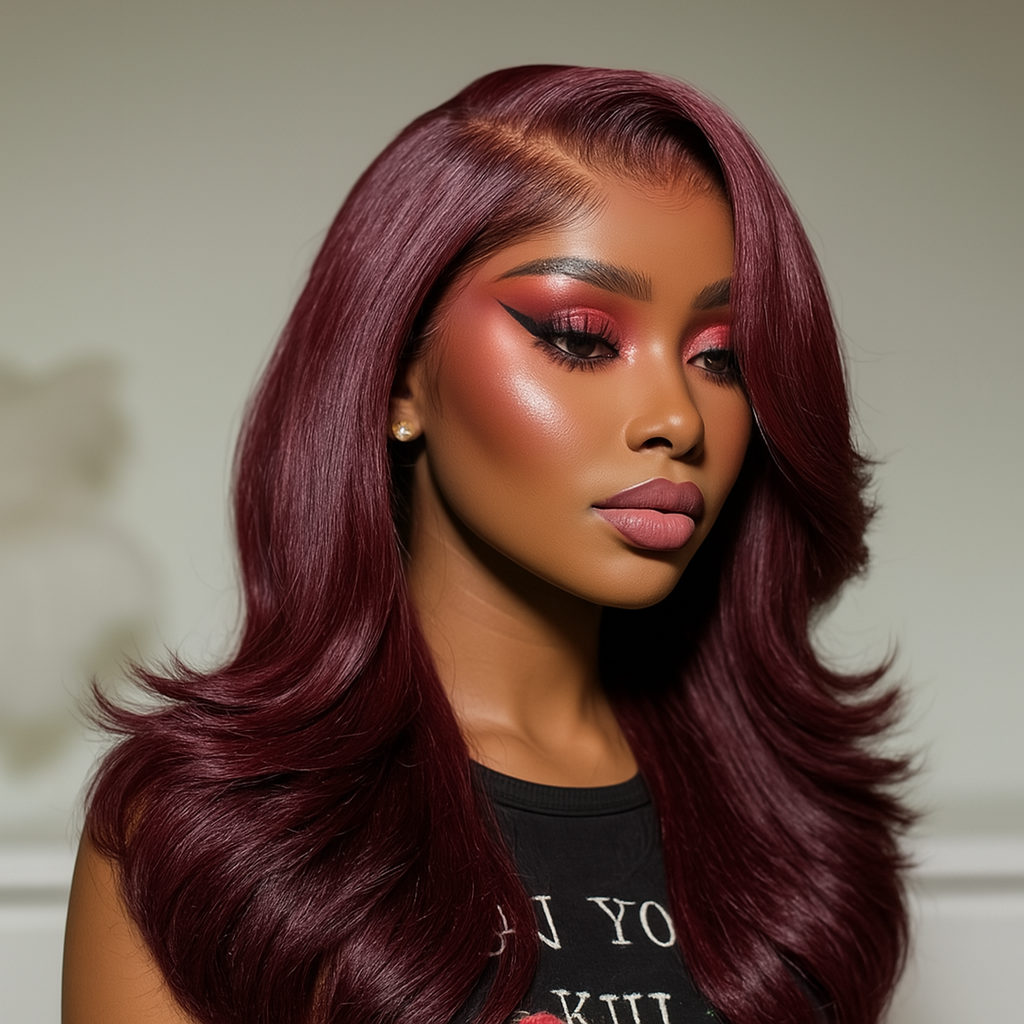 Woman with burgundy hair and pink makeup against a neutral background