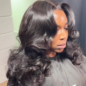 Glueless wavy wig – HD lace, ethically sourced human hair with soft wave texture, pre-plucked and ready to wear