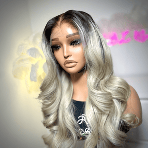Long body wave wig in icy blonde with dark root melt